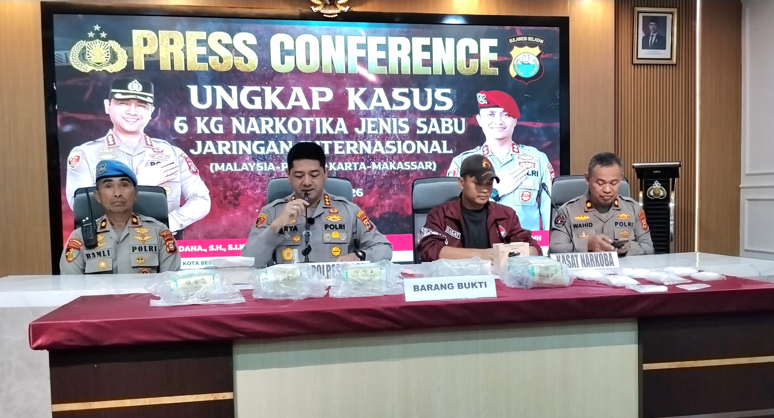 Polrestabes Makassar Rilis Pengungkapan Peredaran Narkotika Jaringan Internasional. (Foto: Istimewa)