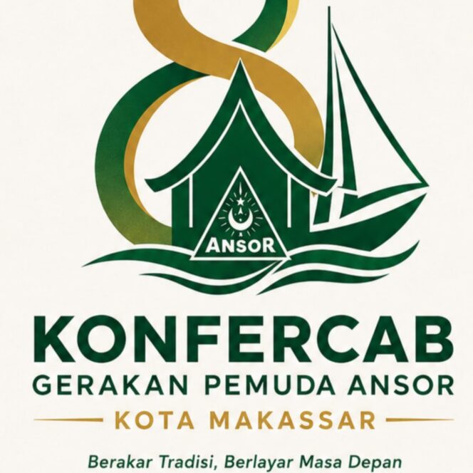 Logo kegiatan menampilkan perpaduan rumah adat Bugis-Makassar, perahu pinisi, gelombang laut, serta angka delapan