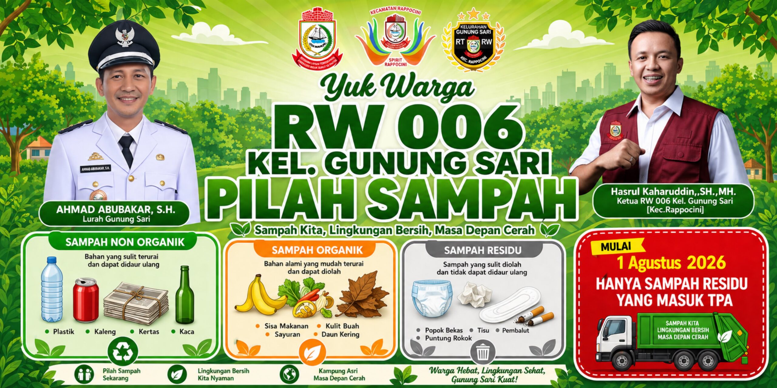 Ketua RW 006 Kelurahan Gunung Sari, Kecamatan Rappocini, Kota Makassar, Hasrul Kaharuddin, menginisiasi gerakan pemilahan sampah dari tingkat rumah tangga sebagai upaya mengurangi volume sampah yang berakhir di tempat pembuangan akhir (TPA)