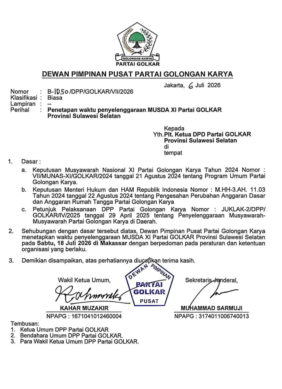 Sekretaris SC Tunjukkan Surat DPP Golkar, Musda XI Sulsel Resmi Digelar 18 Juli